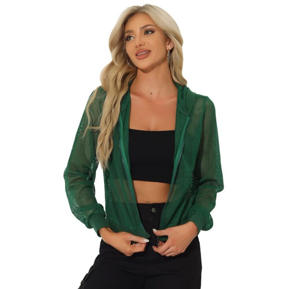 Hoodie Jacket Zip Up Long Sleeve Mesh Sheer Bomber Jackets Dark Green